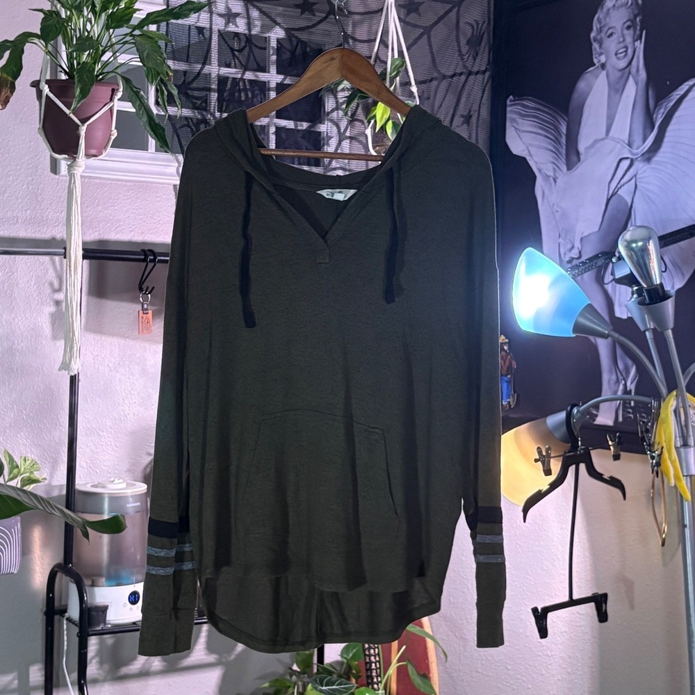 Market & Spruce Olive‎ Green V Neck Pullover Hoodie Pocket Striped Cuffs XL